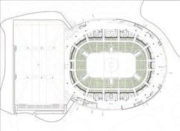 Inside the arena, all three rinks and the basketball court are on the same level, five metres below ground. | 3XN