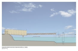 Float and gangway elevation at high tide. The facility is designed to accommodate a sea level rise of 16" by year 2050. | Marcy Wong Donn Logan Architects