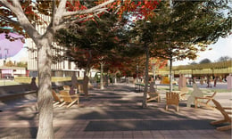 Looking east in the Allee, which connects to shopping arcade, a mix of nature and urbanism. | University of Arkansas Community Design Center