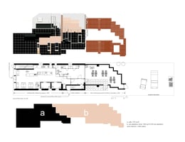 Middle: Plan. Top: Elevation Oblique. Bottom: cafe in black, cat zone in tan color | Davidson Rafailidis