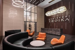 Double volume serviced apartment lobby with comfortable lighting creates relaxing atmosphere to welcome the visitors. | David Yeow