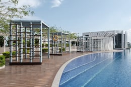 Organic shaped infinity pool and wavy wading pool screening at Level 6 matches the fluidity language of the façade design | David Yeow