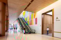 Interior view of the Pavilion at the Hospital of the University of Pennsylvania showcasing a major mural by Odili Donald Odita. | Dan Schwalm / Foster + Partners