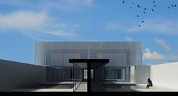 A glazed corridor connects the living area with the bedrooms, crossing and embracing the courtyard equipped with a small swimming pool_daytime | studio NextBuild