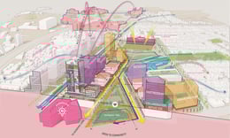 Adjacent to the academic core and on land owned by the university, a new innovation district provides a platform for allied industries to be co-located with the Tec. A large public urban park provides the neighborhood with much needed outdoor recreation s | Sasaki