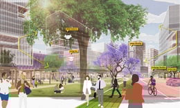 The public urban park is complemented by an interconnected open space network consisting of shaded sidewalks, bike lanes, and gathering places that promote serendipitous encounters between the researchers, students, faculty, residents and the larger commu | Sasaki