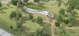 Aerial view above museum illustrating integration of pedestrian pathways and landscape | ikon.5 architects