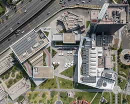 Aerial view of the new core of campus refined by the CIT and the Wellness Center buildings and plaza | Renzo Rebagliati