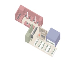 The axonometric view shows the brick hearth located between two different dining rooms for different kinds of atmospheres: a joyful and bright social area in the front and an elegant private area in the rear where small groups can gather. | EBA