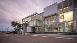 Architectural Overview : The exterior view of Where’s House Warehouse, featuring extensive use of glass blocks that blend aesthetics with functionality, creating a transparent and luminous façade. | © Spaceshift Studio