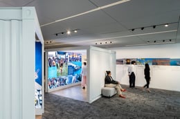 Guest’s are able to learn about the Port of Long Beach’s dedication to their community and the world at large as they enter into the 3 container style Benefits exhibits. Adorning the back wall of the exhibit space, is a graphic timeline exhibit showcasing | Paul Vu