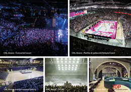 Interior views, focusing especially on the Arena and its adaptability to different events: it features a symmetrical seating arrangement for sports events and an asymmetrical layout for concerts and shows. | JDParchitects