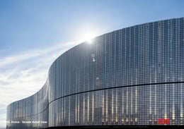 Facade detail with dynamic aluminium skin, composed of hinged and perforated silver tiles, alternating between glossy and matte finishes. | JDParchitects