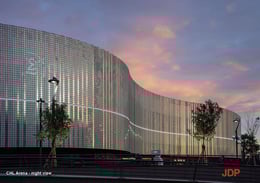 Night view of the Arena with artificial lighting and LED strip illumination | JDParchitects