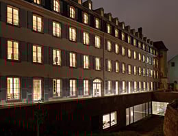 Hotel Les Haras © Nicolas Mathéus, courtesy of Jouin Manku | Across the street from the former royal stables, which today houses the hotel and its restaurant, the extension of Hotel Les Haras in Strasbourg was carved out of a 19th-century building that was formerly a clinic. Continuity between the original building and the new space was achieved by restoring an old, abandoned tunnel that once connected the two buildings.