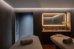 Hotel Les Haras © Nicolas Mathéus, courtesy of Jouin Manku | The wellness center was conceived as  a space that coddles guests, the warmth  of wood and sparkling mosaic tiles carrying them off on a multi-sensory journey. The centerpiece of the spa is  an 18-m swimming pool (top photo), flanked by an experiential shower,  Turkish bath, sauna and a relaxation  area overlooking the garden.