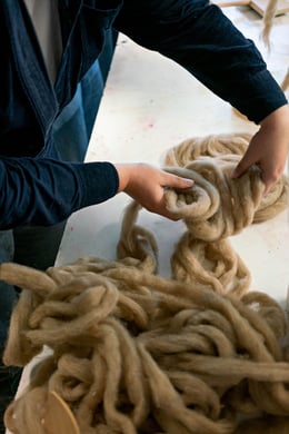 Reviving the Culture of Weaving as a Modus Operandi | Morgan Kerber’s Woven Together project was born out of the Conscious Skins studio I taught at Yale School of Architecture. This 8.5 m-long textile structure, created through innovative weaving techniques, serves as a space for communal dialogue and collective processes. © Abeer Seikaly and Dylan Beckman, 2021