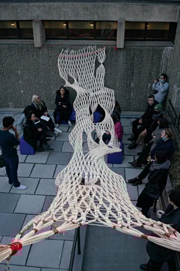 Reviving the Culture of Weaving as a Modus Operandi | Morgan Kerber’s Woven Together project was born out of the Conscious Skins studio I taught at Yale School of Architecture. This 8.5 m-long textile structure, created through innovative weaving techniques, serves as a space for communal dialogue and collective processes. © Abeer Seikaly and Dylan Beckman, 2021