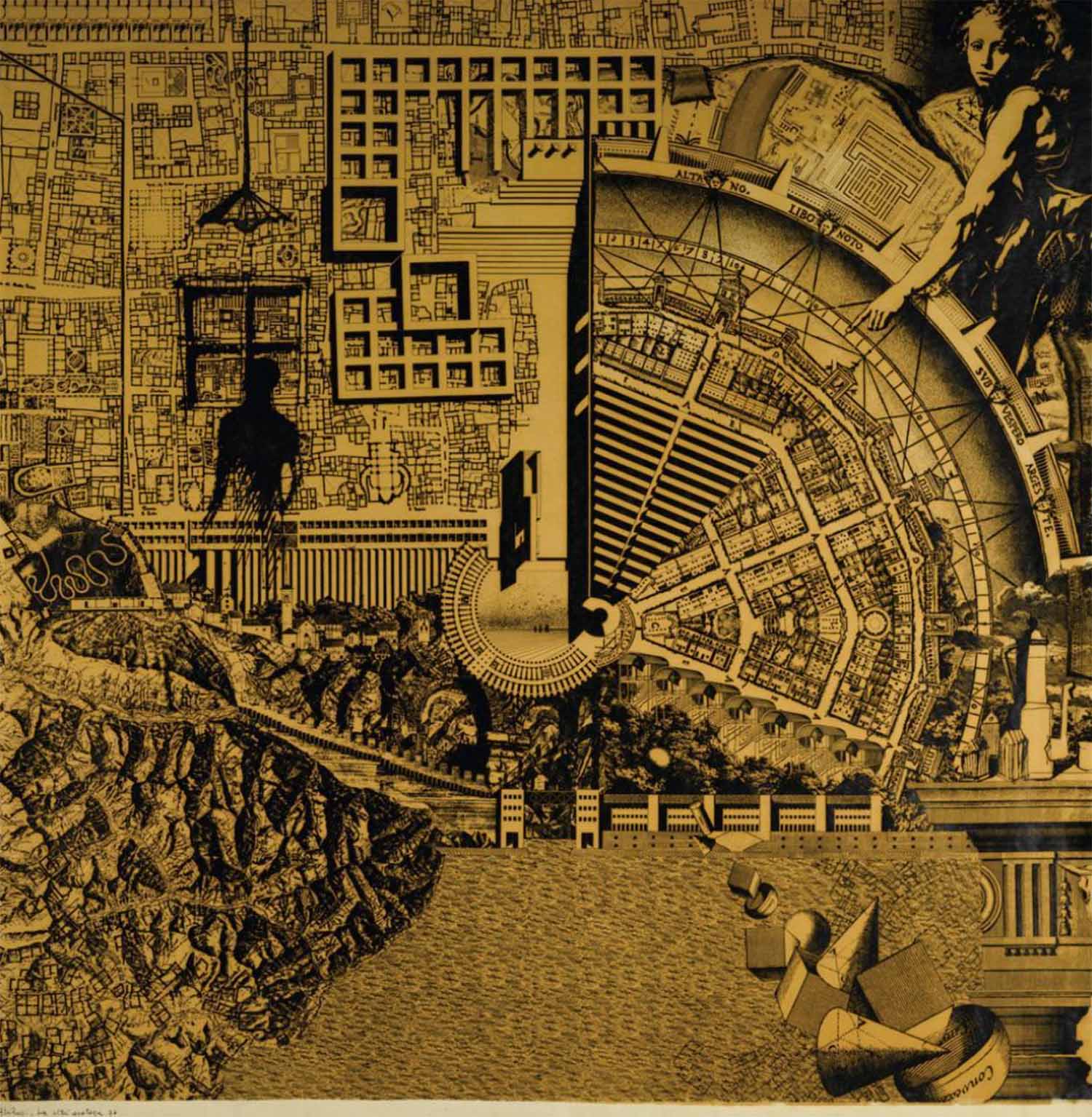  Aldo Rossi, with Fabio Reinhart, Bruno Reichlin and Eraldo Consolascio, La città analoga, collage, various materials, 200 cm x 200 cm (6’ 6” x 6’ 6”), 1976. Collezione privata. © Eredi Aldo Rossi, courtesy Fondazione Aldo Rossi.