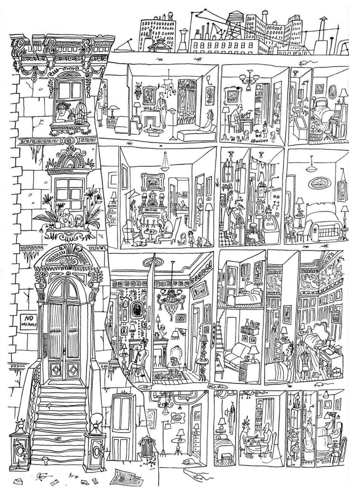  Critique as “dissecting”: Saul Steinberg, Doubling Up, drawing first published in Architectural Forum, February 1946.